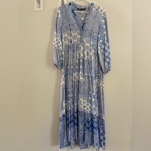 Zara Blue and White Patterned Tiered Maxi Dress